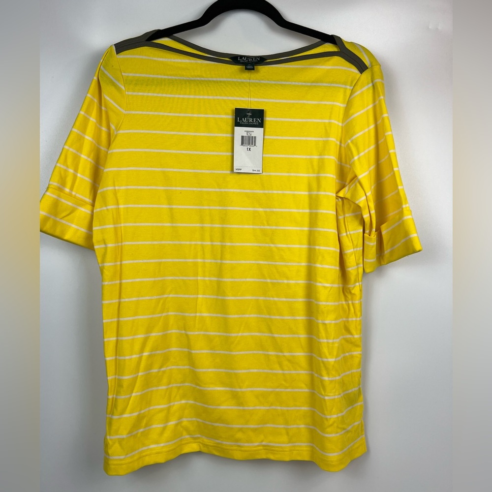 Lauren by Ralph Lauren, yellow and white striped top. Size 1X. NWT.